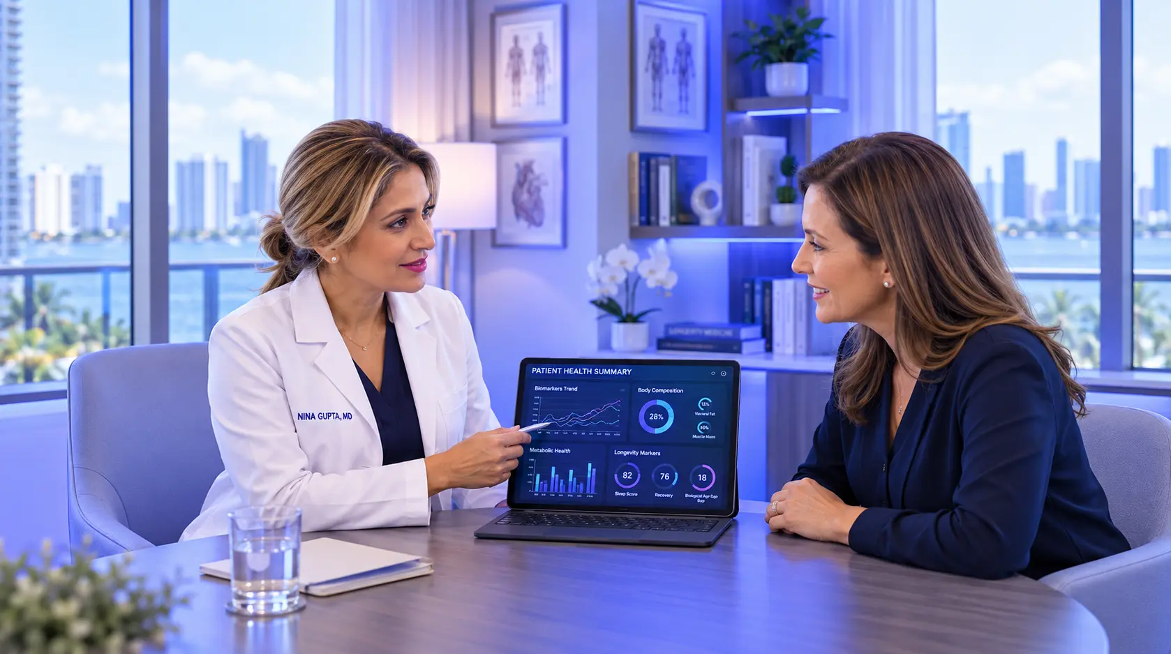Dr. Nina Gupta, MD reviewing wearable health data and smartwatch metrics with a patient during a longevity consultation in Miami